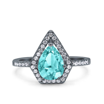Halo Art Deco Solitaire Accent Pear Wedding Bridal Ring Black Tone, Simulated Paraiba Tourmaline CZ 925 Sterling Silver